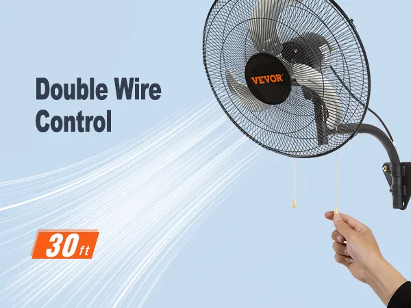 VEVOR wall mount fan with double wire control and 30 ft reach, featuring a pull chain.