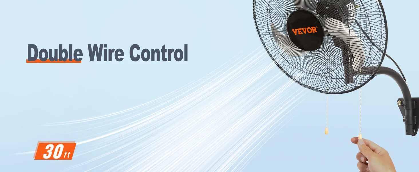 VEVOR wall mount fan with double wire control and 30 ft reach, featuring a pull chain.