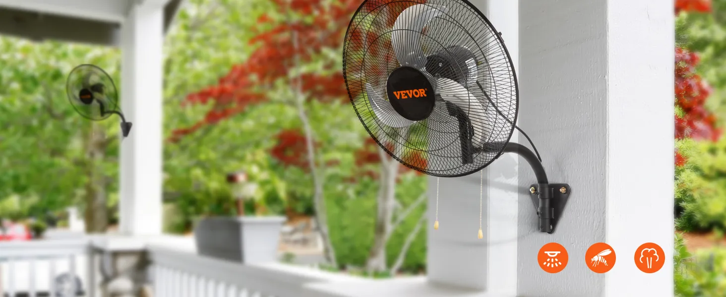 VEVOR wall mount fan installed on a patio, surrounded by green and red foliage, with control features.