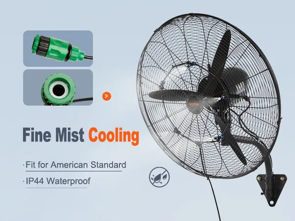VEVOR wall-mount misting fan with fine mist cooling, ip44 waterproof, and american standard fit.