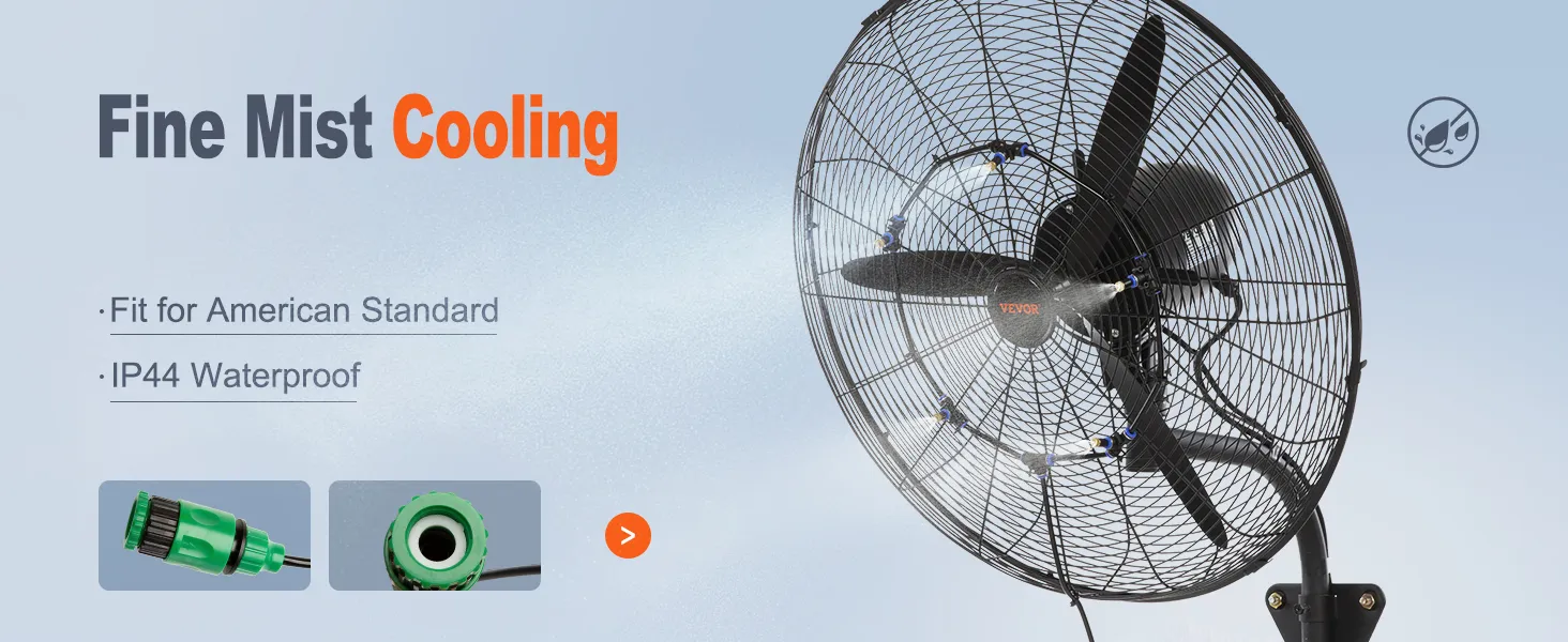 VEVOR wall-mount misting fan with fine mist cooling, ip44 waterproof, and american standard fit.