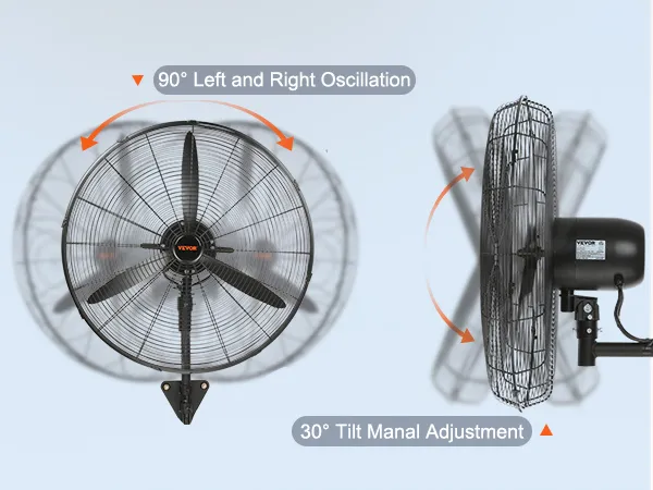 VEVOR wall-mount misting fan with 90° oscillation and 30° tilt adjustment, black blades, and grille.