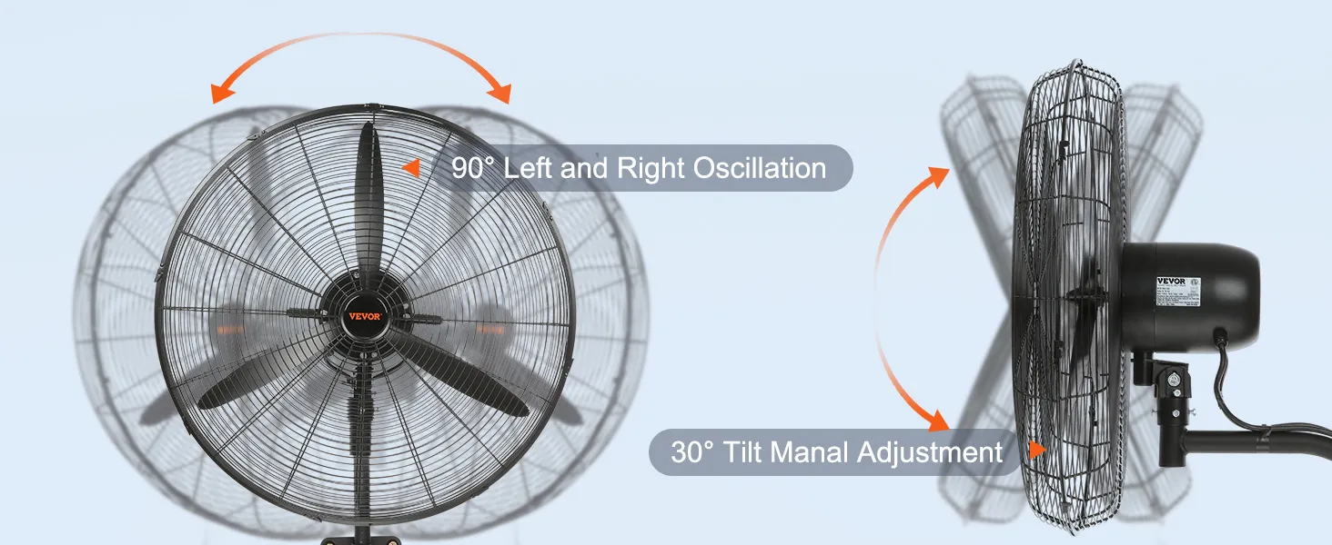 VEVOR wall-mount misting fan with 90° oscillation and 30° tilt adjustment, black blades, and grille.