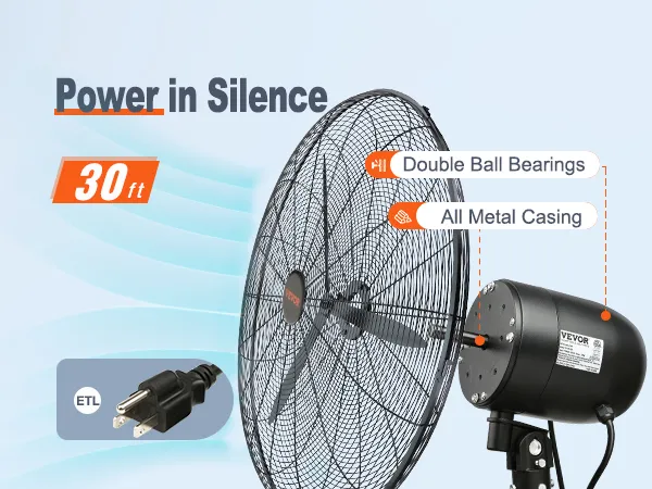 VEVOR wall-mount misting fan with double ball bearings, all metal casing, and 30ft range. etl certified.