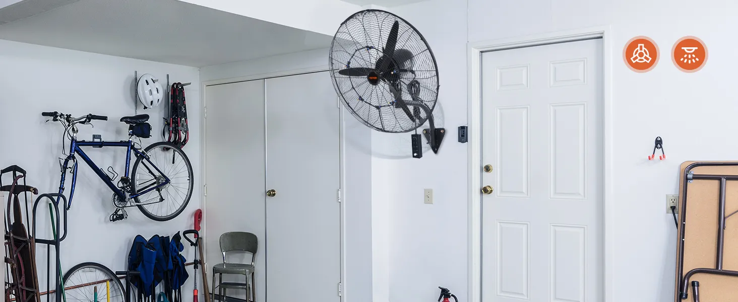 garage with VEVOR wall-mount misting fan, bike, helmet, and tools organized on the wall.