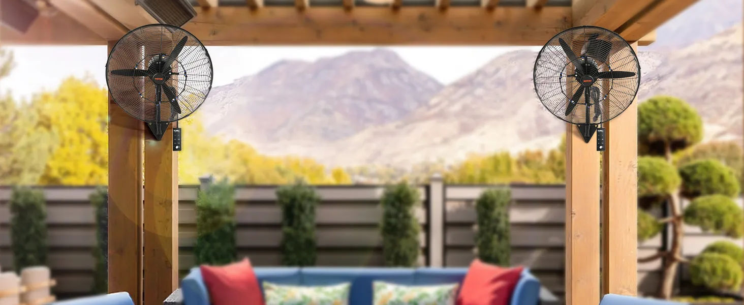 VEVOR wall-mount misting fan on wooden pergola, outdoor seating, and mountain view in the background.