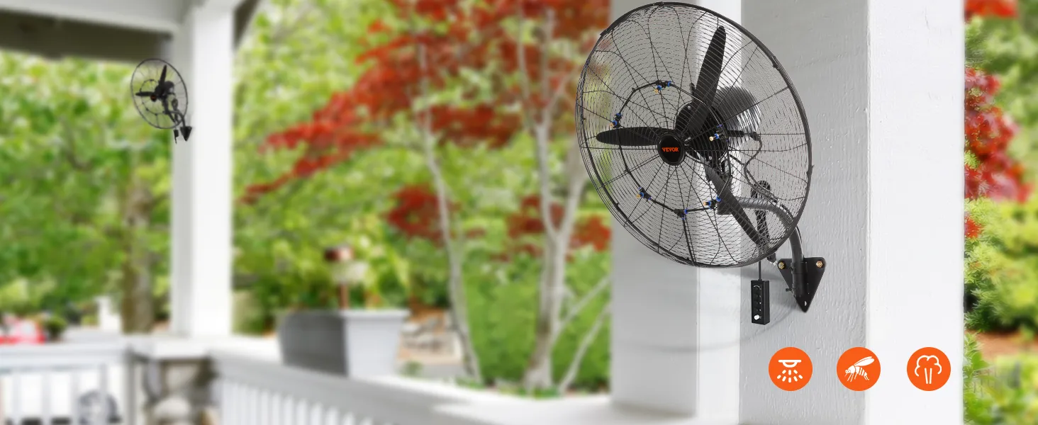 VEVOR wall-mount misting fan installed on a porch column, surrounded by lush greenery.