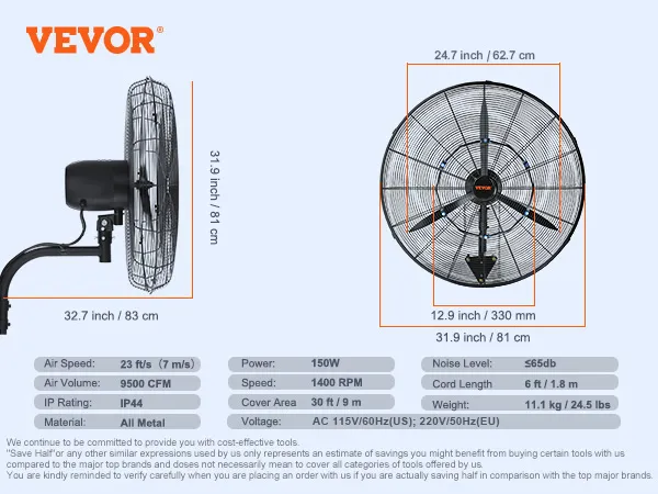 VEVOR-Nebelventilator zur Wandmontage, Maße 31,9 x 31,9 Zoll, 150 W, Luftgeschwindigkeit 23 ft/s, IP44-Bewertung.