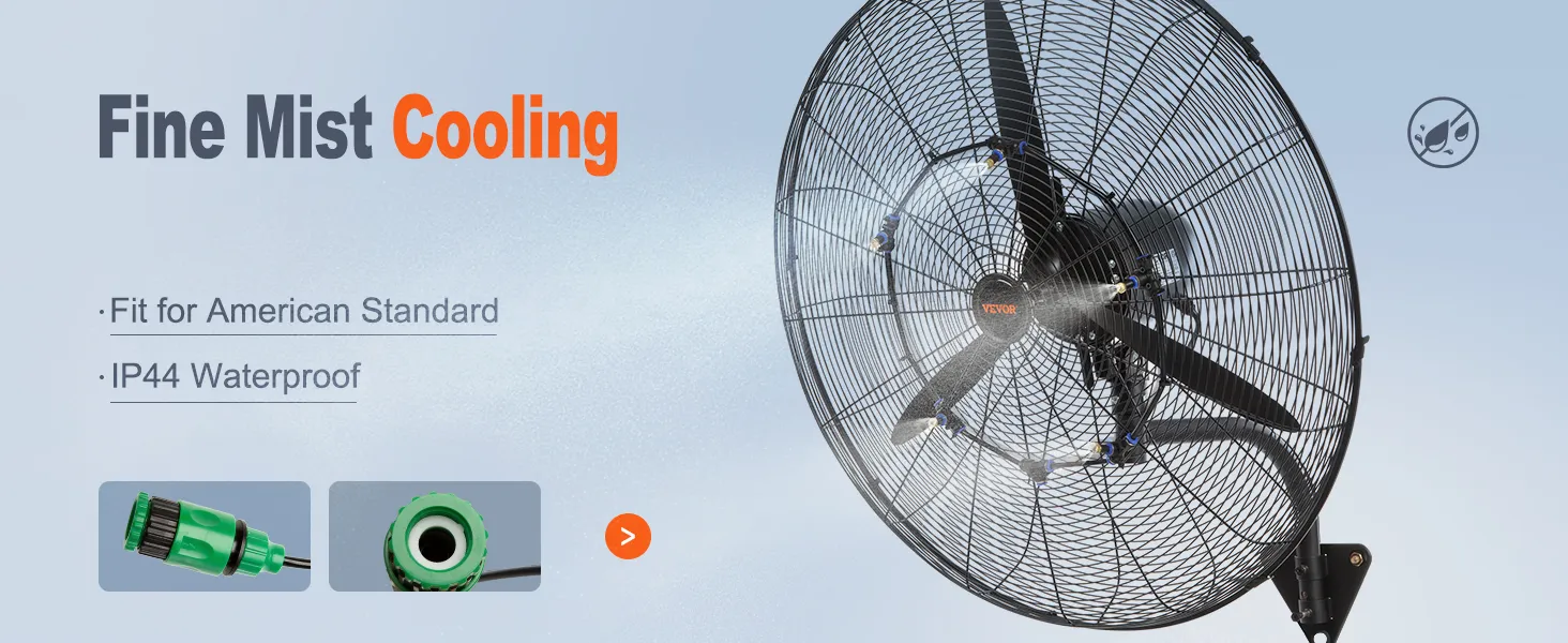 VEVOR wall-mount misting fan provides fine mist cooling and is ip44 waterproof, fit for american standard.