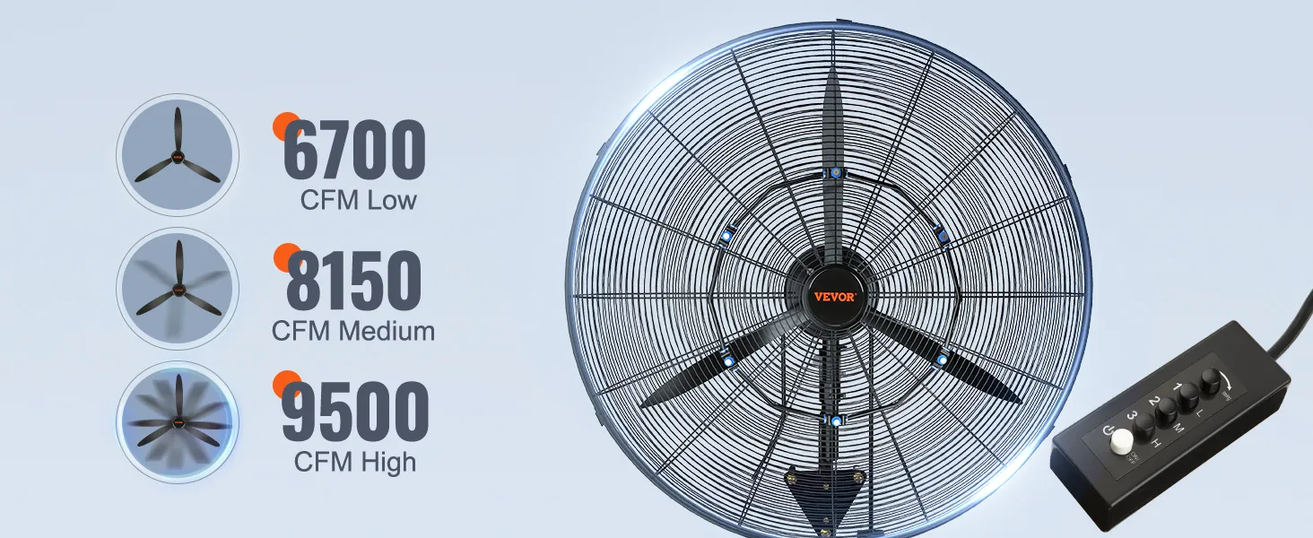 VEVOR wall-mount misting fan with speeds 6700, 8150, and 9500 cfm, with a control panel.