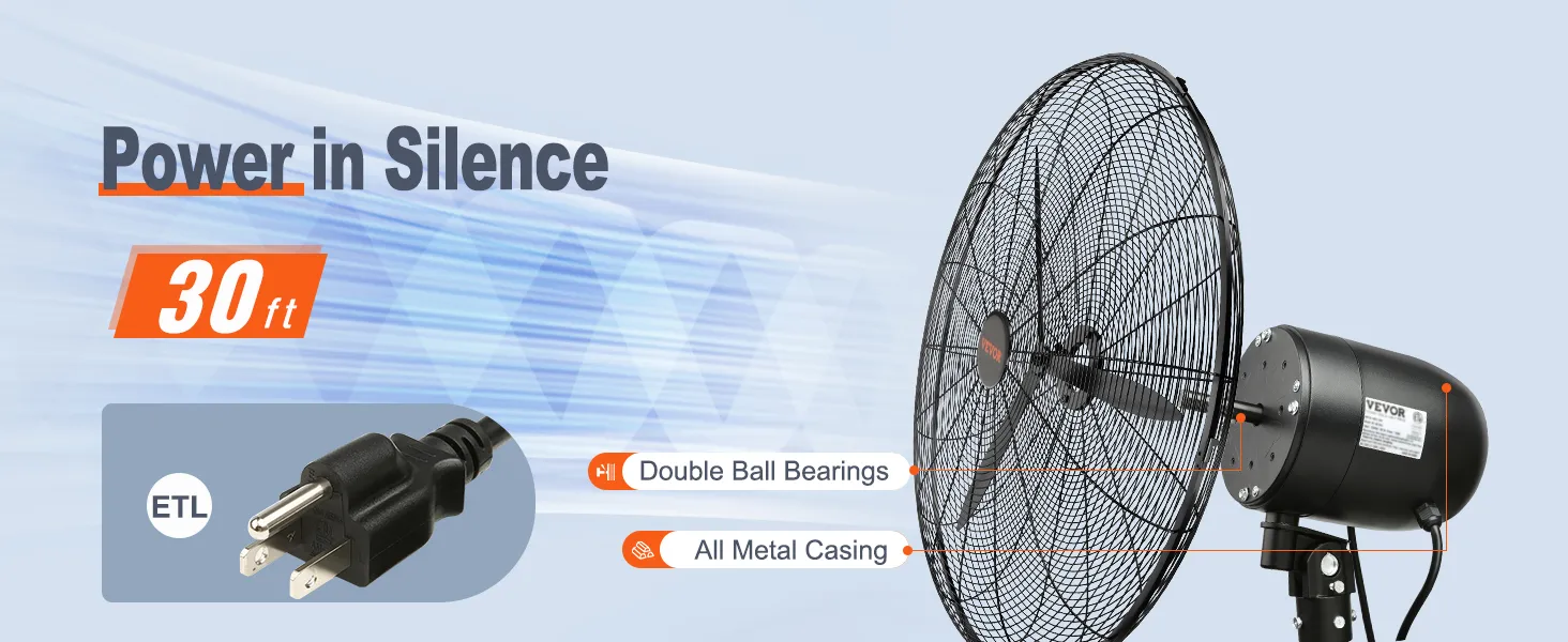 powerful VEVOR wall-mount misting fan, 30ft range, etl certified, double ball bearings, all-metal casing.