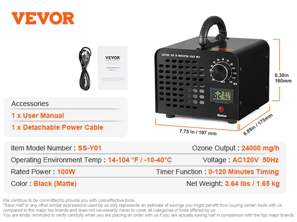 Generador de ozono VEVOR ss-y01, 24000 mg/h, ac120v, 100w, negro mate, temporizador de 0 a 120 minutos, cable de alimentación desmontable.