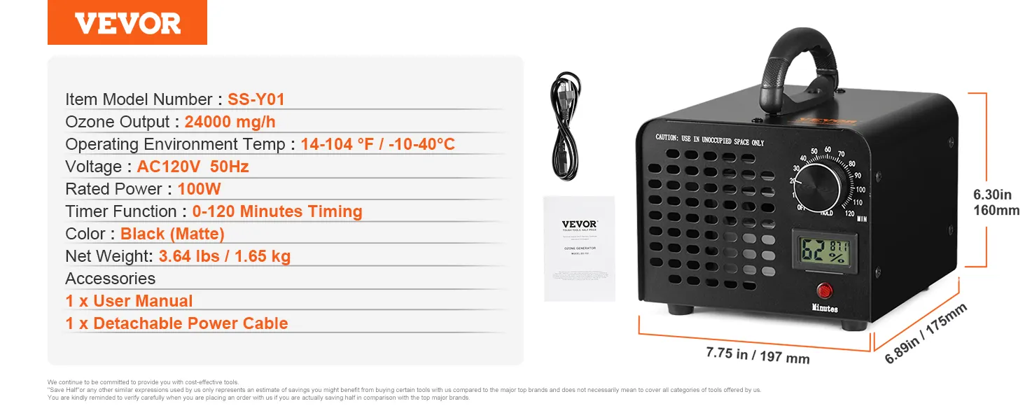 Generador de ozono VEVOR ss-y01, 24000 mg/h, ac120v, 100w, negro mate, temporizador de 0 a 120 minutos, cable de alimentación desmontable.