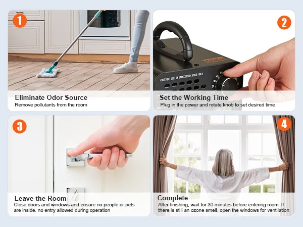 Pasos para utilizar el generador de ozono VEVOR: limpiar la habitación, establecer el tiempo, salir de la habitación, ventilar después de su uso.