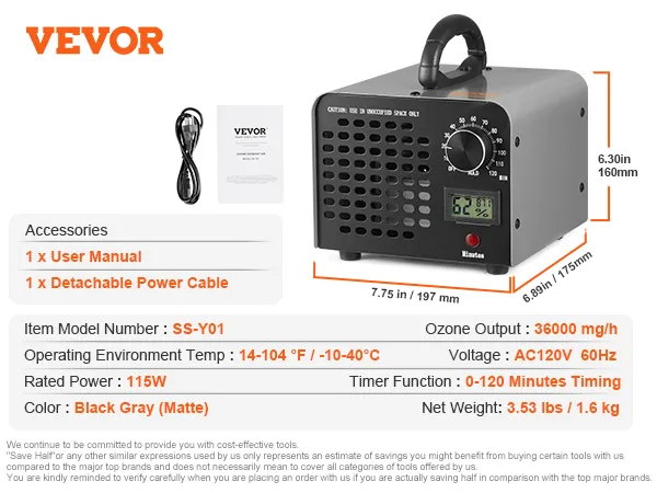 Generator ozonu VEVOR SS-Y01, wydajność 36000 mg/h, timer 0-120 min, kolor czarno-szary, odłączany kabel zasilający.