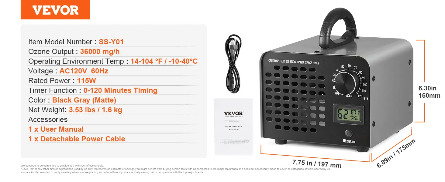 Generator ozonu VEVOR SS-Y01, wydajność 36000 mg/h, timer 0-120 min, kolor czarno-szary, odłączany kabel zasilający.