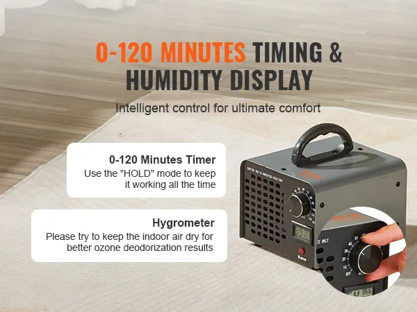 Generator ozonu VEVOR z timerem 0–120 minut i wyświetlaczem wilgotności dla optymalnej kontroli powietrza.