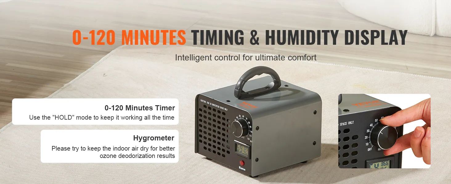 Generator ozonu VEVOR z timerem 0–120 minut i wyświetlaczem wilgotności dla optymalnej kontroli powietrza.