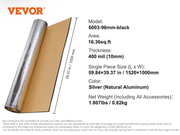 Schalldämmungsmatte von VEVOR, silber, 1.575 m² Fläche, 0,111 mm Dicke, Größe 159,84 x 100,96 mm.