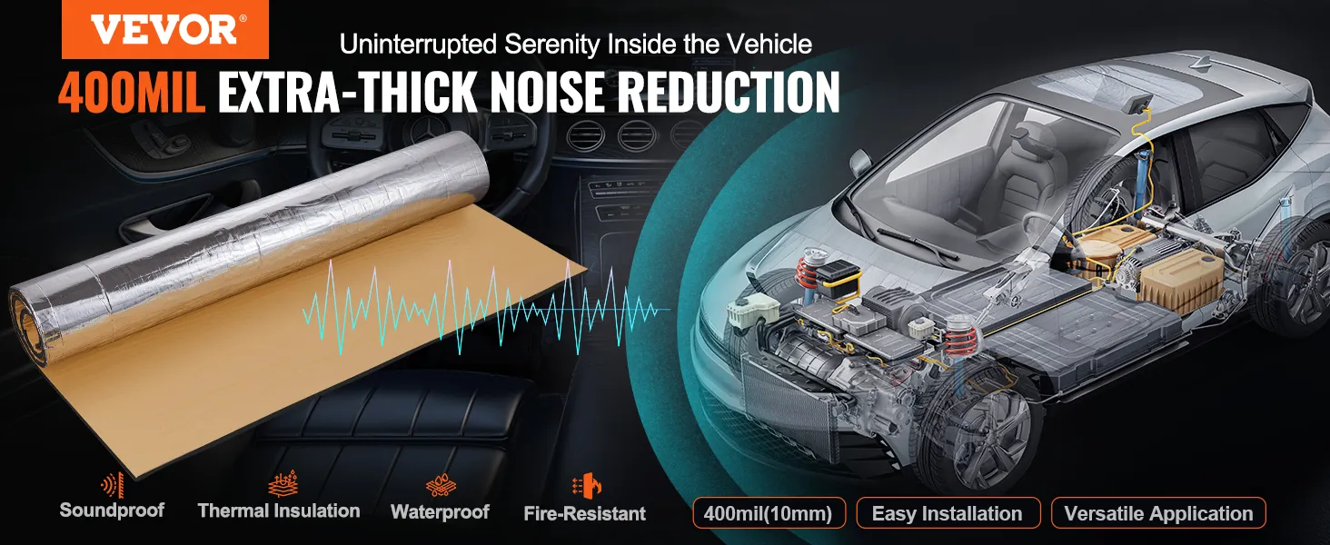 VEVOR Schalldämmungsmatte 400mil, extradicke Geräuschreduzierung für Autos mit schalldichten, wasserdichten und feuerfesten Eigenschaften.