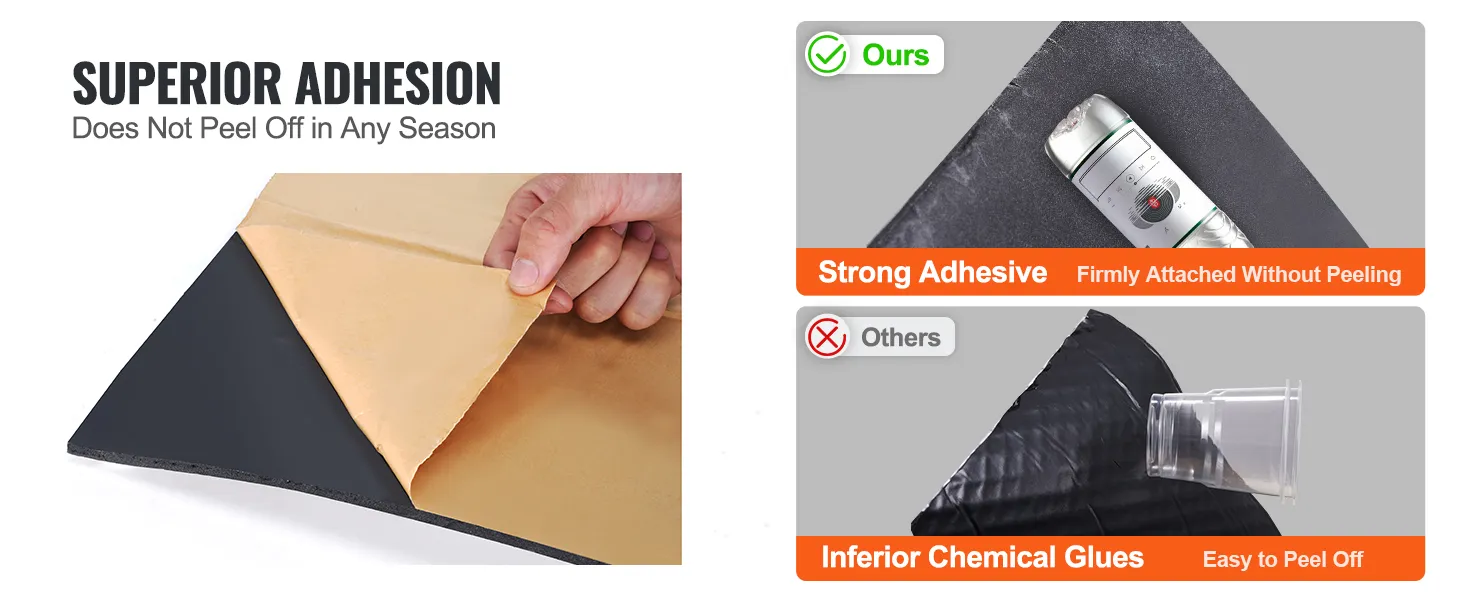 Schalldämmungsmatte von VEVOR mit hervorragender Haftung, im Vergleich zu starkem Klebstoff und minderwertigem Kleber.