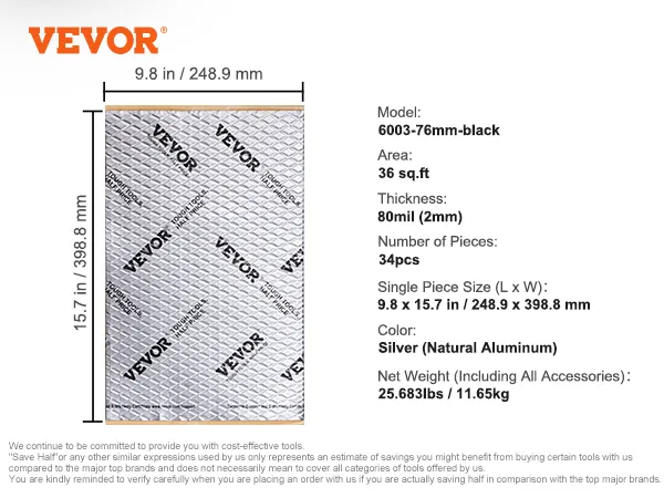 VEVOR car sound deadening mat in silver, 80mil thickness, 36 sq.ft, 34 pcs, dimensions 9.8 x 15.7 in.