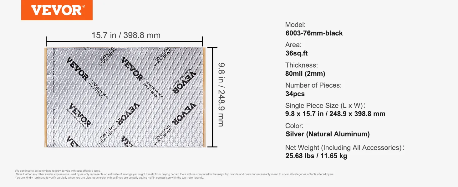 VEVOR car sound deadening mat in silver, 80mil thickness, 36 sq.ft, 34 pcs, dimensions 9.8 x 15.7 in.