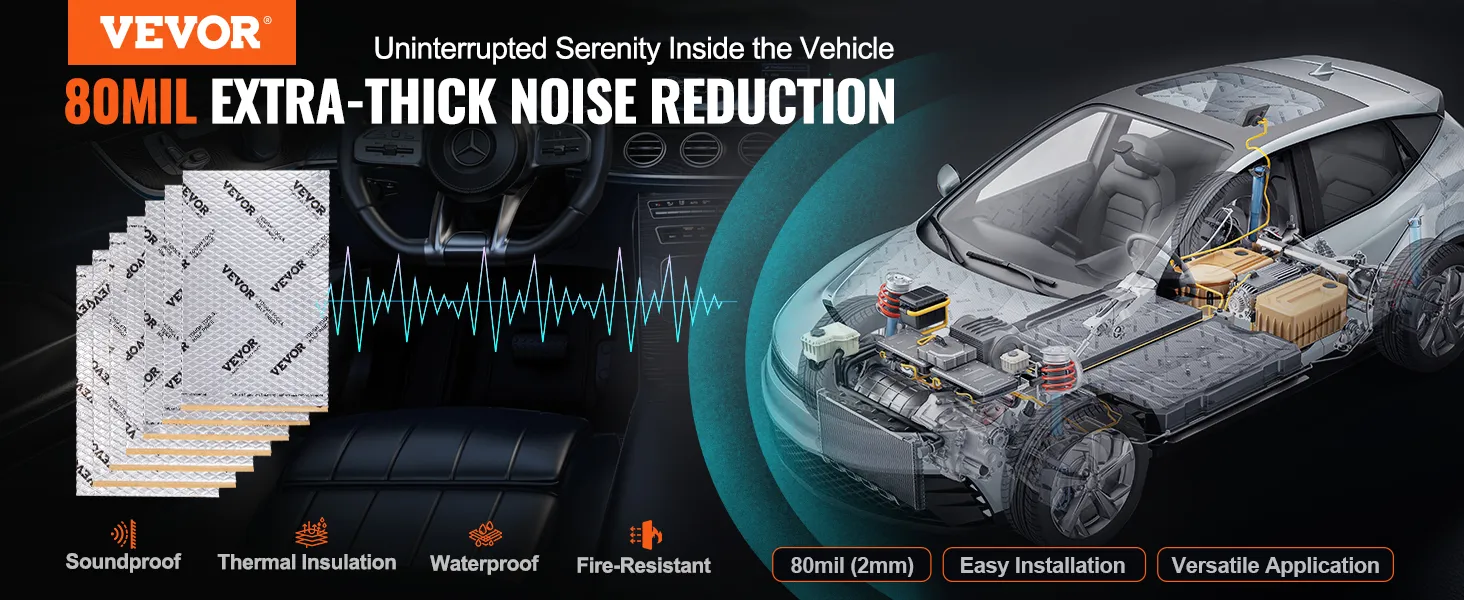 VEVOR car sound deadening mat for 80mil extra-thick noise reduction, soundproof, thermal insulation.