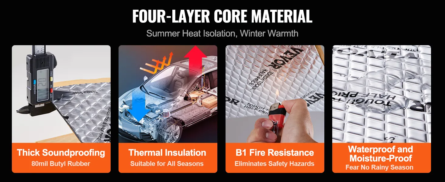 four-layer core material summer insulation and winter warmth with thick soundproofing VEVOR car sound deadening mat.