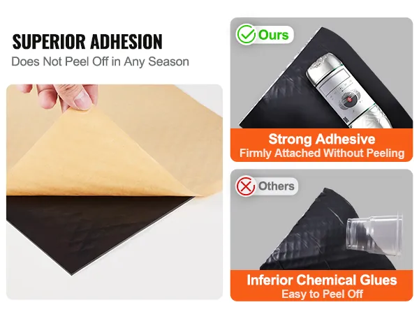 VEVOR car sound deadening mat with superior adhesion and strong adhesive, compared to inferior glues.