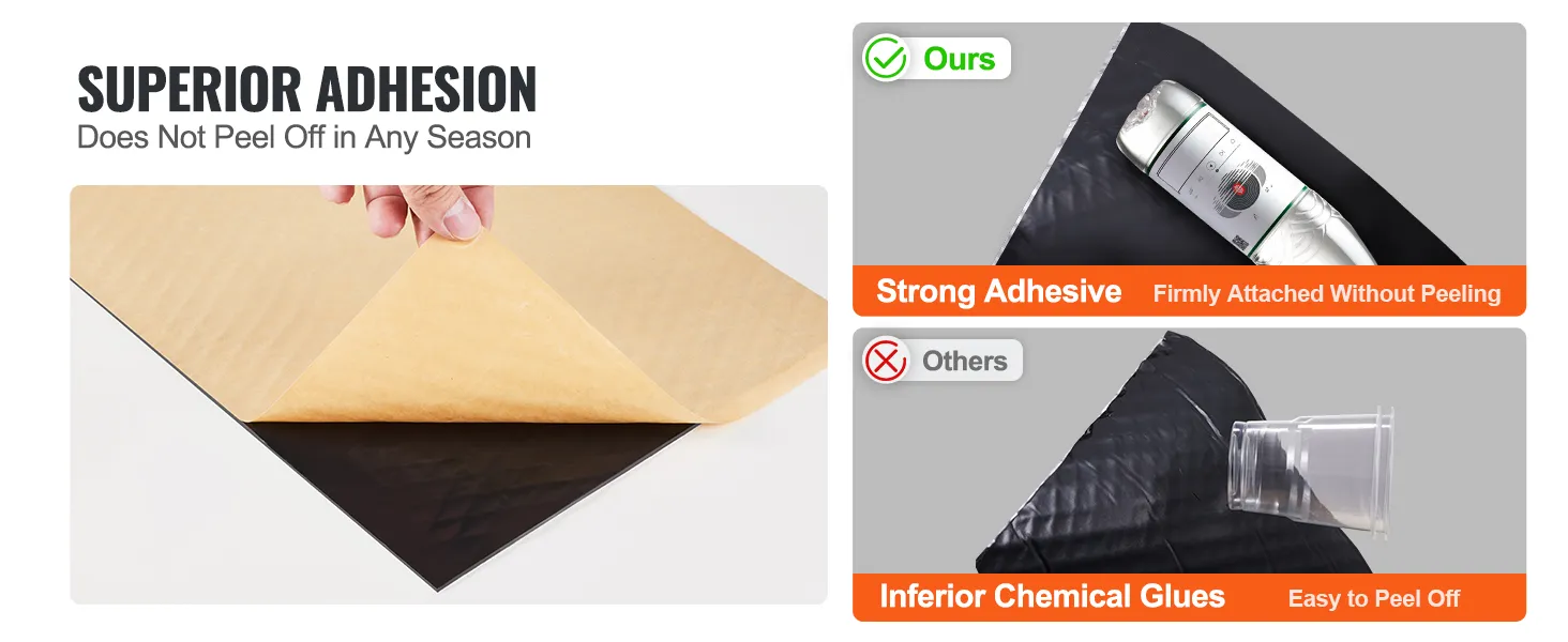 VEVOR car sound deadening mat with superior adhesion and strong adhesive, compared to inferior glues.