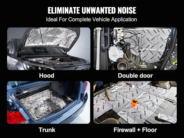 VEVOR car sound deadening mat installed on hood, door, trunk, and firewall + floor. eliminate noise.