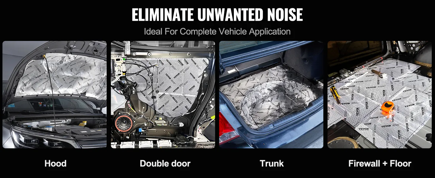 VEVOR car sound deadening mat installed on hood, door, trunk, and firewall + floor. eliminate noise.