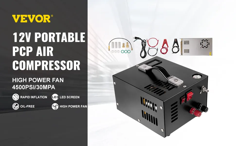 Compresor de aire pcp VEVOR, portátil 12v, 4500psi con pantalla led y accesorios.