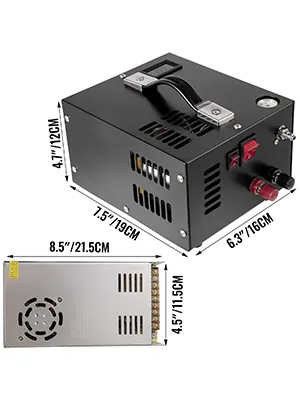 Compresor de aire pcp VEVOR, unidad negra con dimensiones y fuente de alimentación independiente.