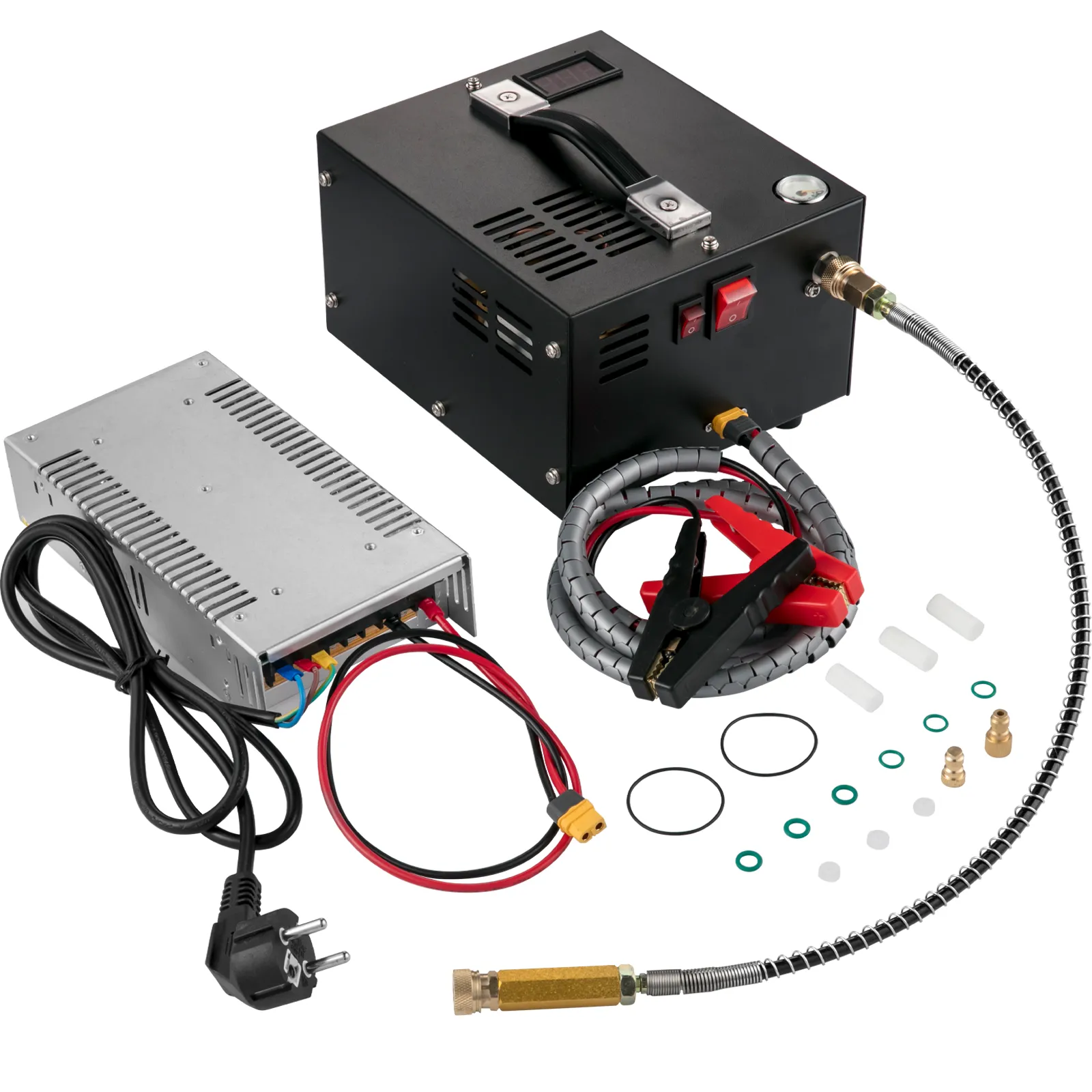 Compresor de aire PCP VEVOR con cables de alimentación, accesorios y conectores.