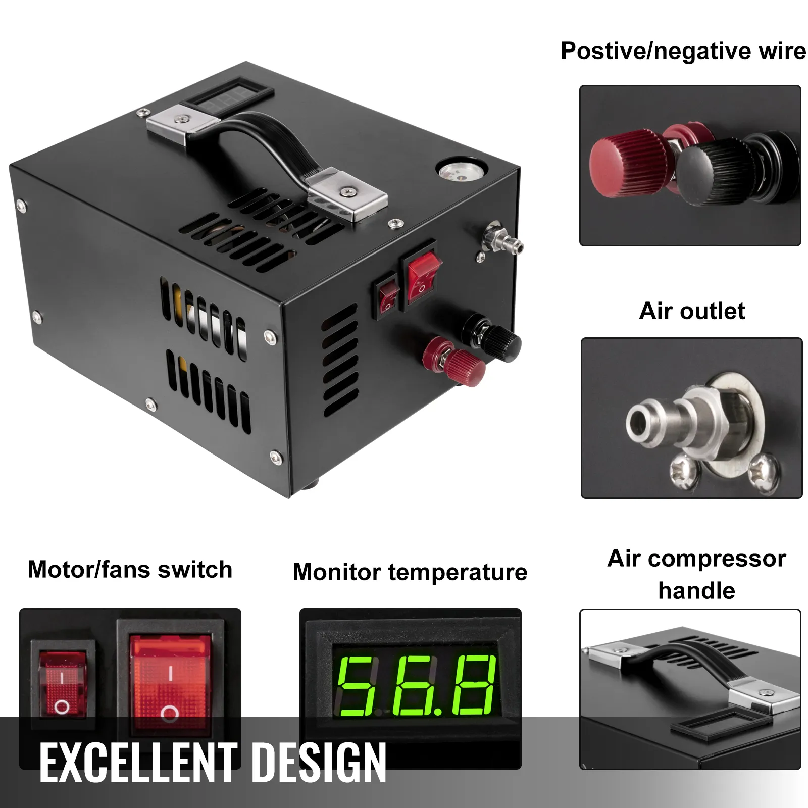 Compresor de aire pcp VEVOR con manija, interruptores, pantalla de temperatura y salida de aire.