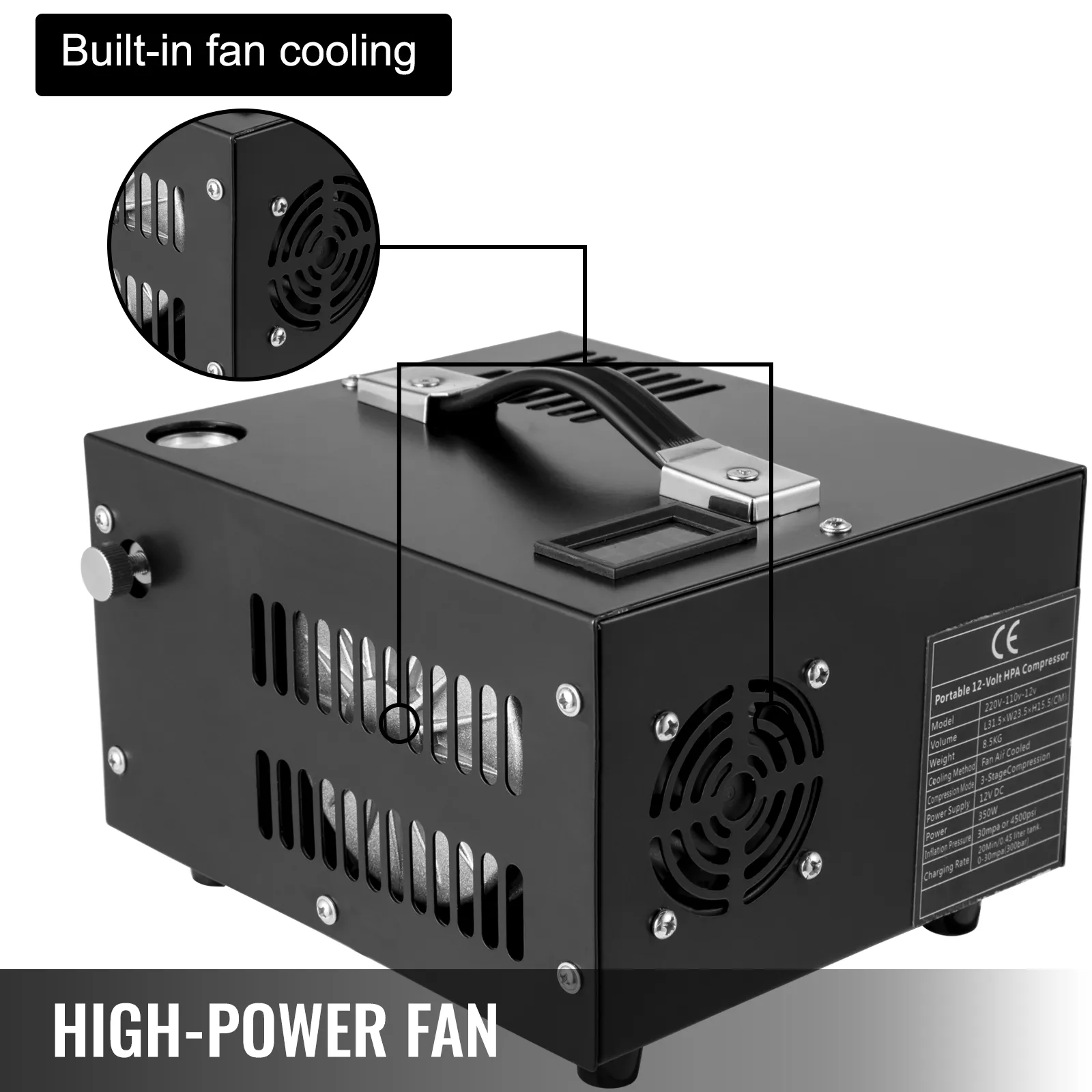 Compresor de aire PCP VEVOR con ventilador de refrigeración incorporado y rendimiento de alta potencia.