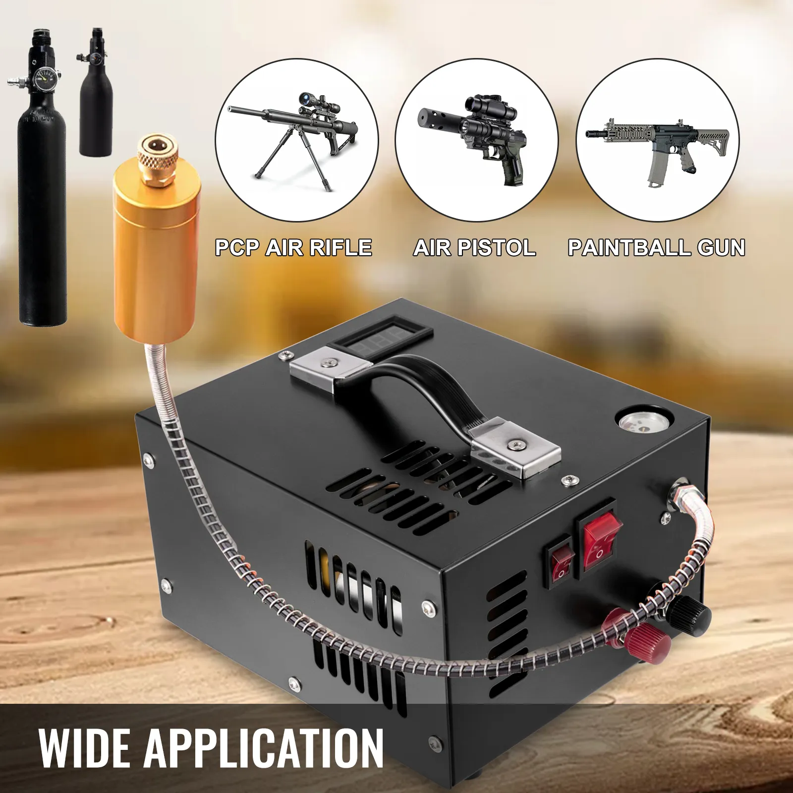 Compresor de aire PCP VEVOR con amplia aplicación para rifles y pistolas de aire comprimido.