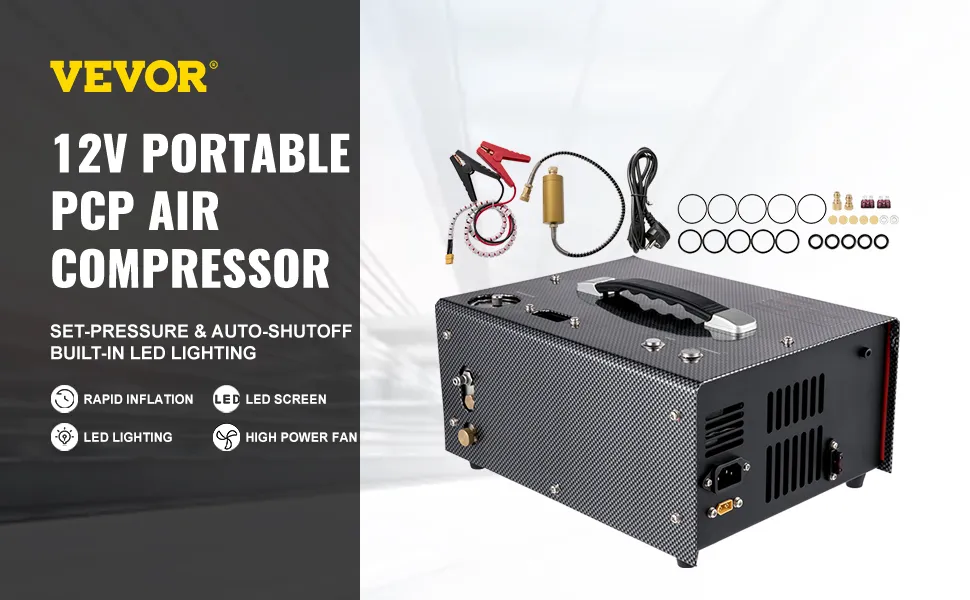 Compresor de aire PCP VEVOR con accesorios, iluminación LED y funciones de presión establecida.