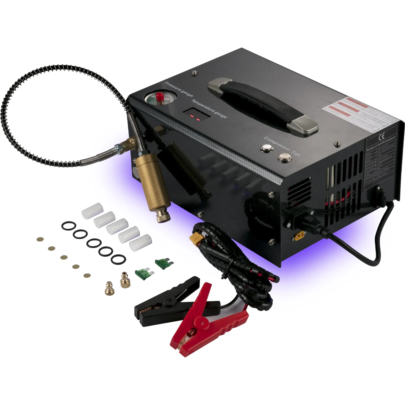 Compresor de aire PCP VEVOR con accesorios, cables y repuestos mostrados.