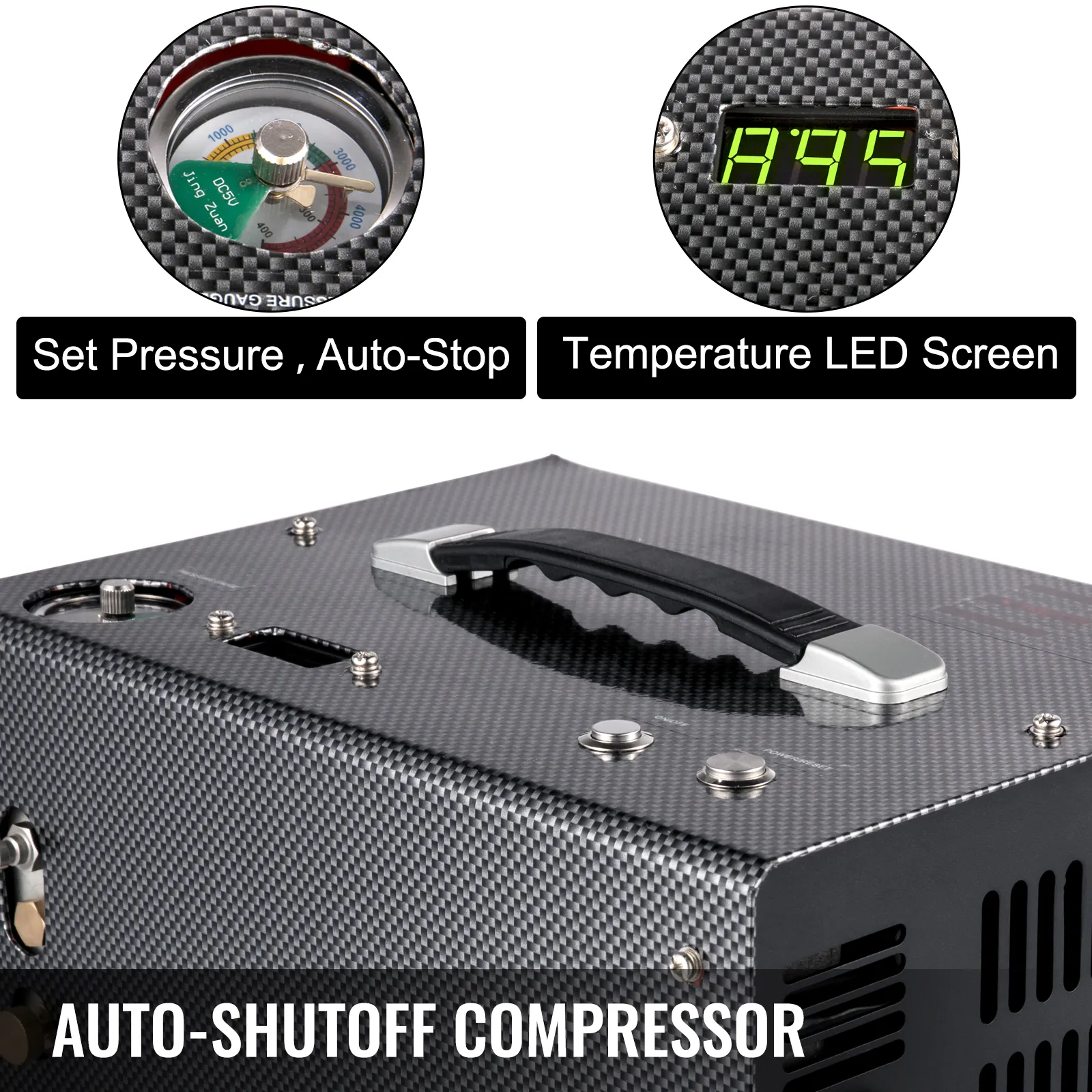 Compresor de aire PCP VEVOR con apagado automático, manómetro y pantalla de temperatura LED.
