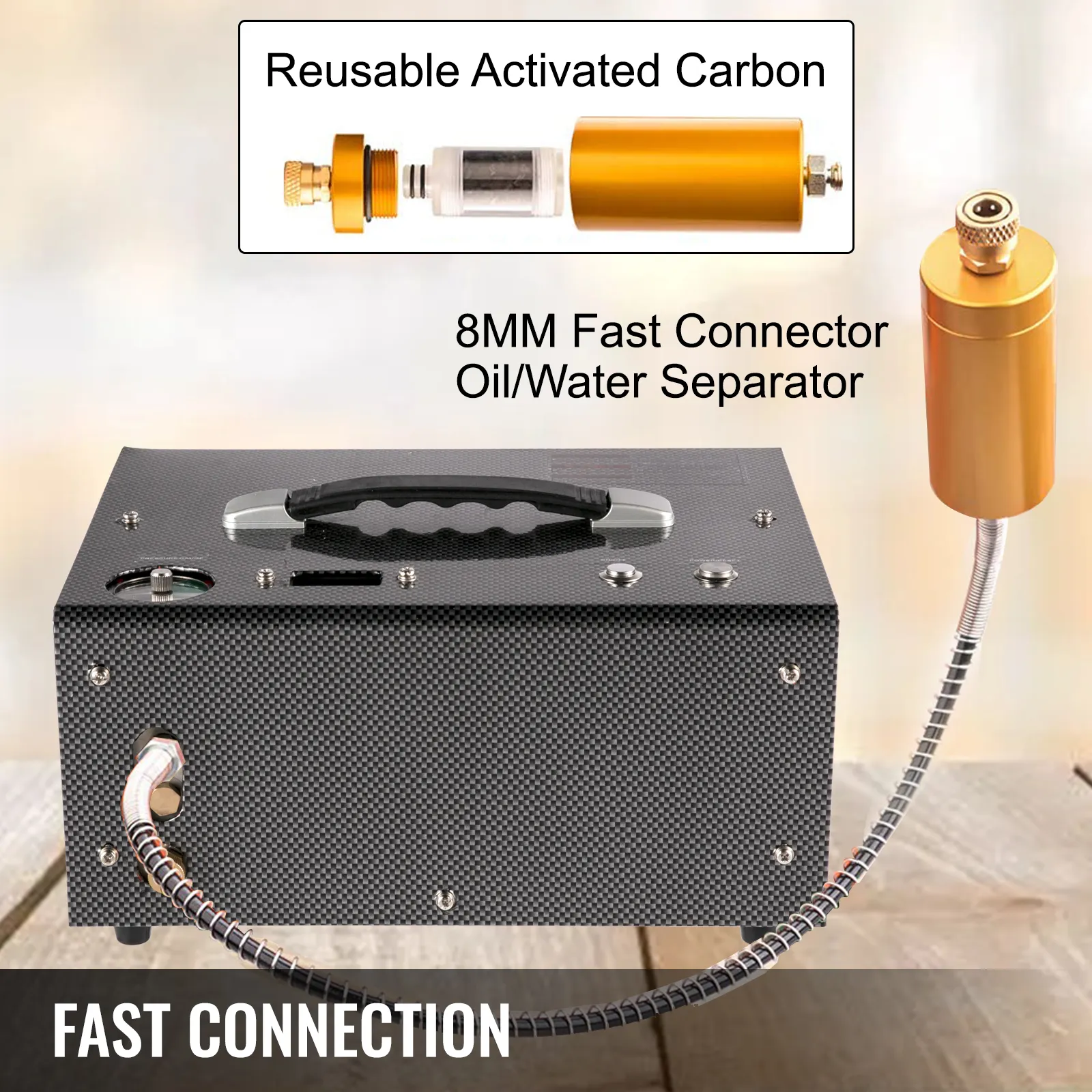 Compresor de aire PCP VEVOR con conector rápido de 8 mm y filtro de carbón activado reutilizable.