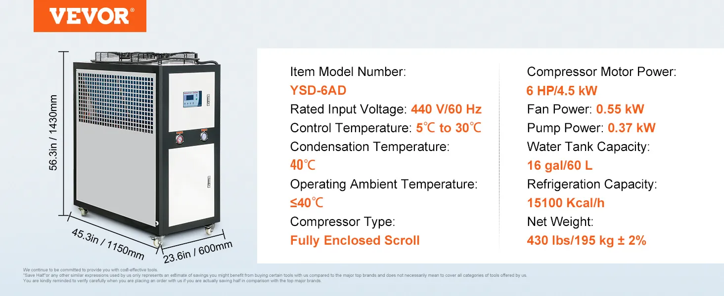 Especificaciones del enfriador de agua industrial VEVOR ysd-6ad: 440v, 9,4hp, 15100kcal/h, 16gal, 5-30°c, 430lbs.