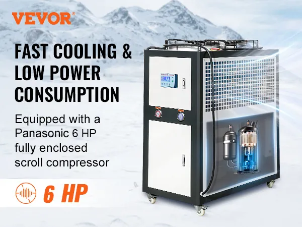 Enfriador de agua industrial VEVOR con compresor scroll panasonic 9.4hp, enfriamiento rápido, bajo consumo de energía.