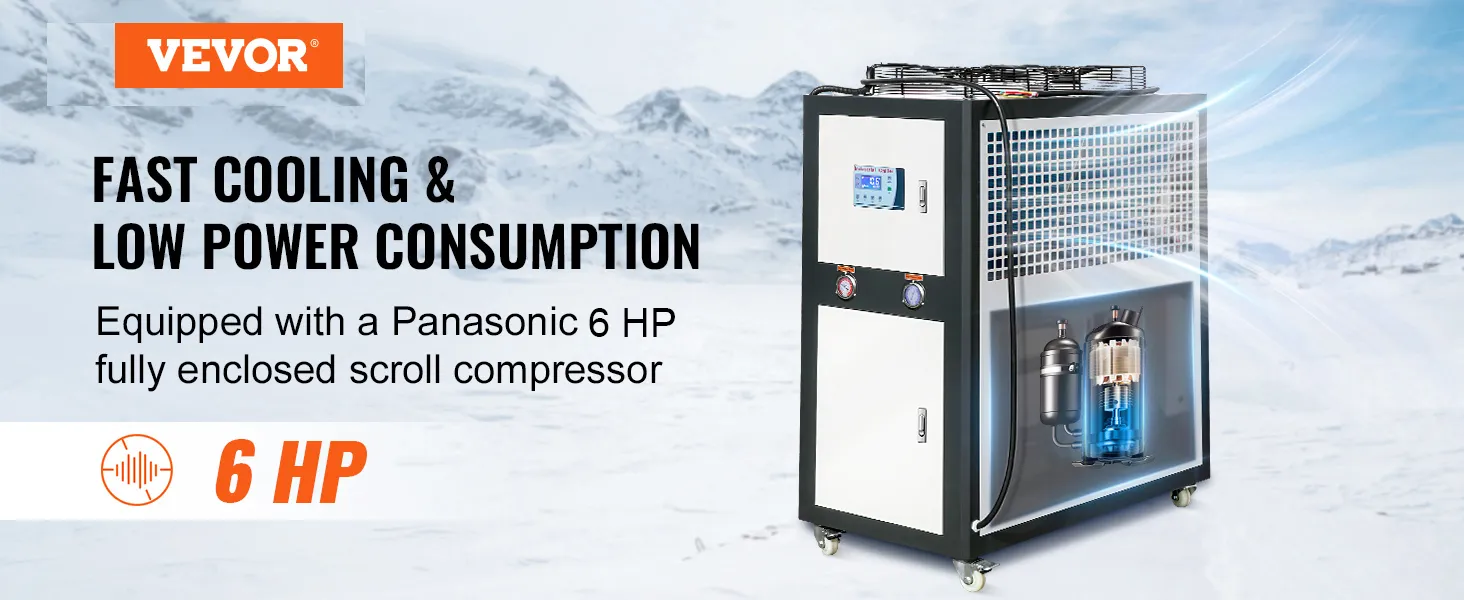 Enfriador de agua industrial VEVOR con compresor scroll panasonic 9.4hp, enfriamiento rápido, bajo consumo de energía.