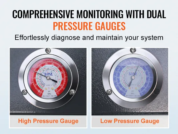 Manómetros dobles para un monitoreo preciso en el enfriador de agua industrial VEVOR, para un fácil diagnóstico del sistema.