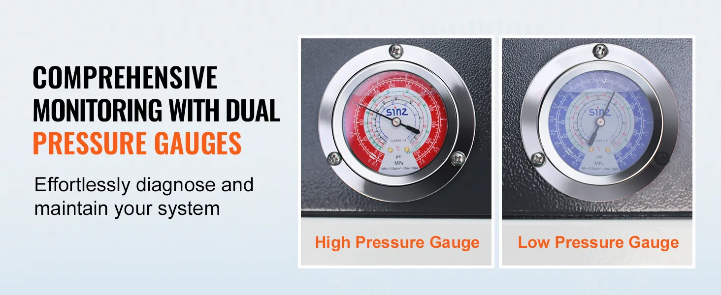 Manómetros dobles para un monitoreo preciso en el enfriador de agua industrial VEVOR, para un fácil diagnóstico del sistema.