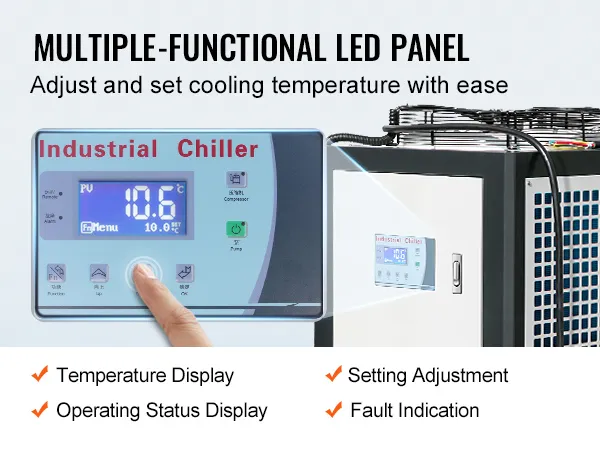 Enfriador de agua industrial VEVOR con panel LED multifuncional para control de temperatura e indicación de fallas.