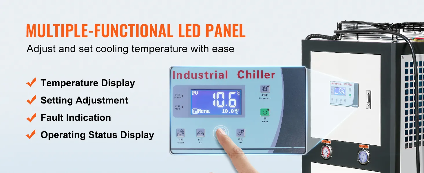 Enfriador de agua industrial VEVOR con panel LED multifuncional para control de temperatura e indicación de fallas.